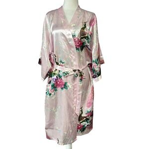 Peacock Floral Kimono Robe Womens One Size Pink Satin Belted 3/4 Sleeve